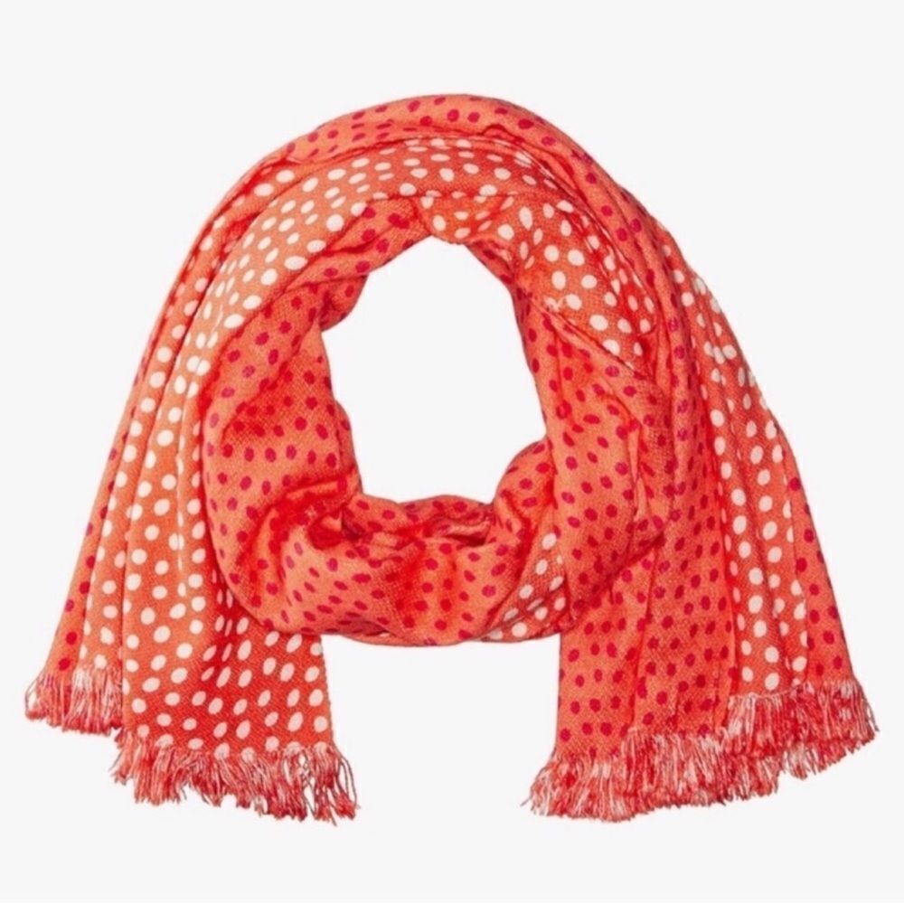 Vera Bradley Coral Meadow Coral Pink White Reversible Polka Raw Fringe Scarf